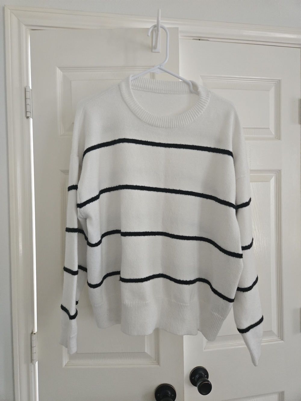 White Crewneck Sweater with Black Horizontal Stripes
